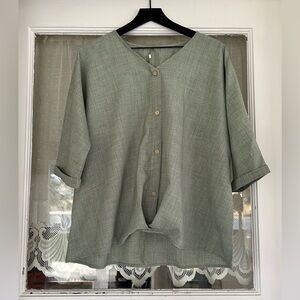 Green V-Neck Button-Up Blouse